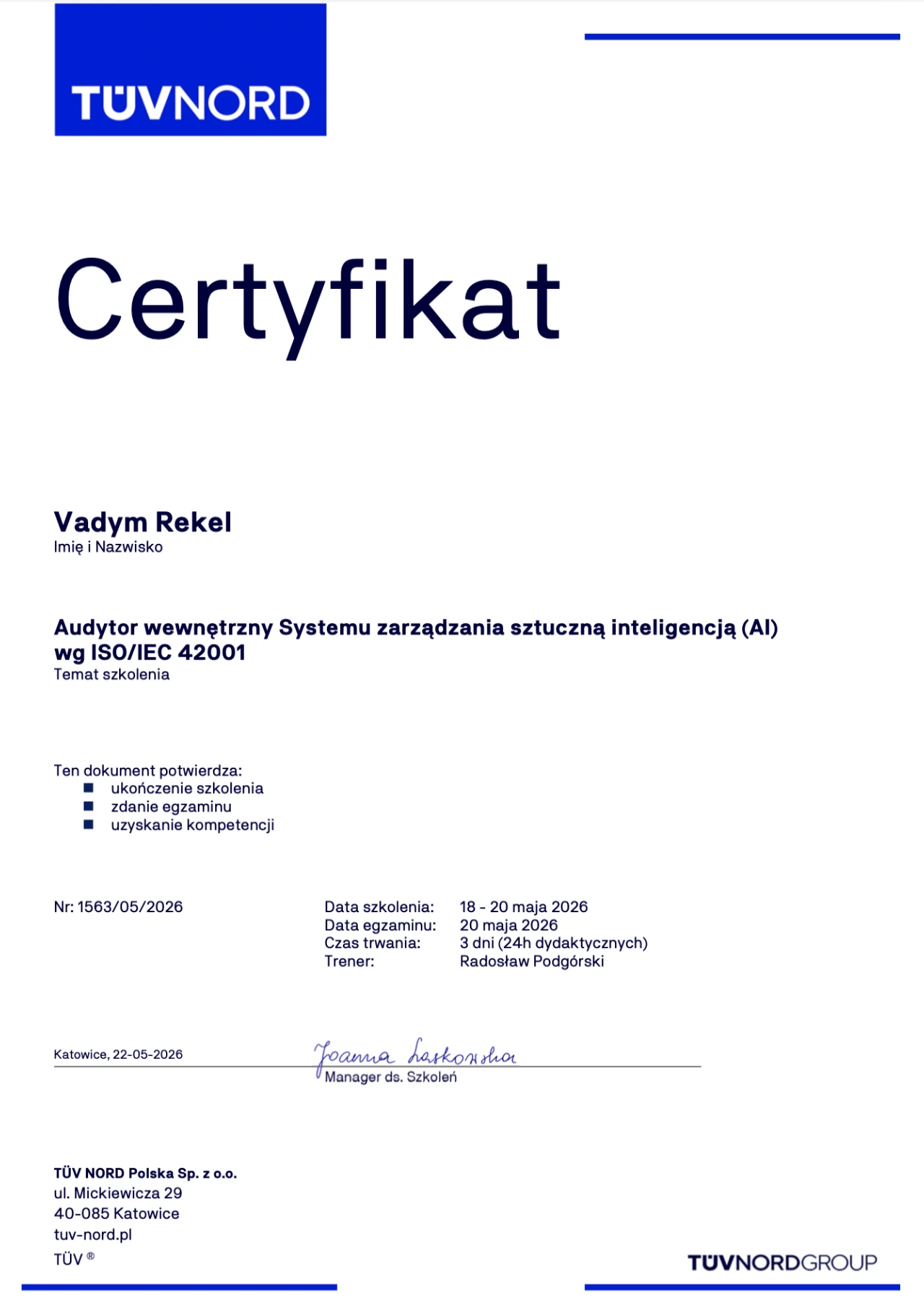 Audytor wewnętrzny systemu zarządzania AI